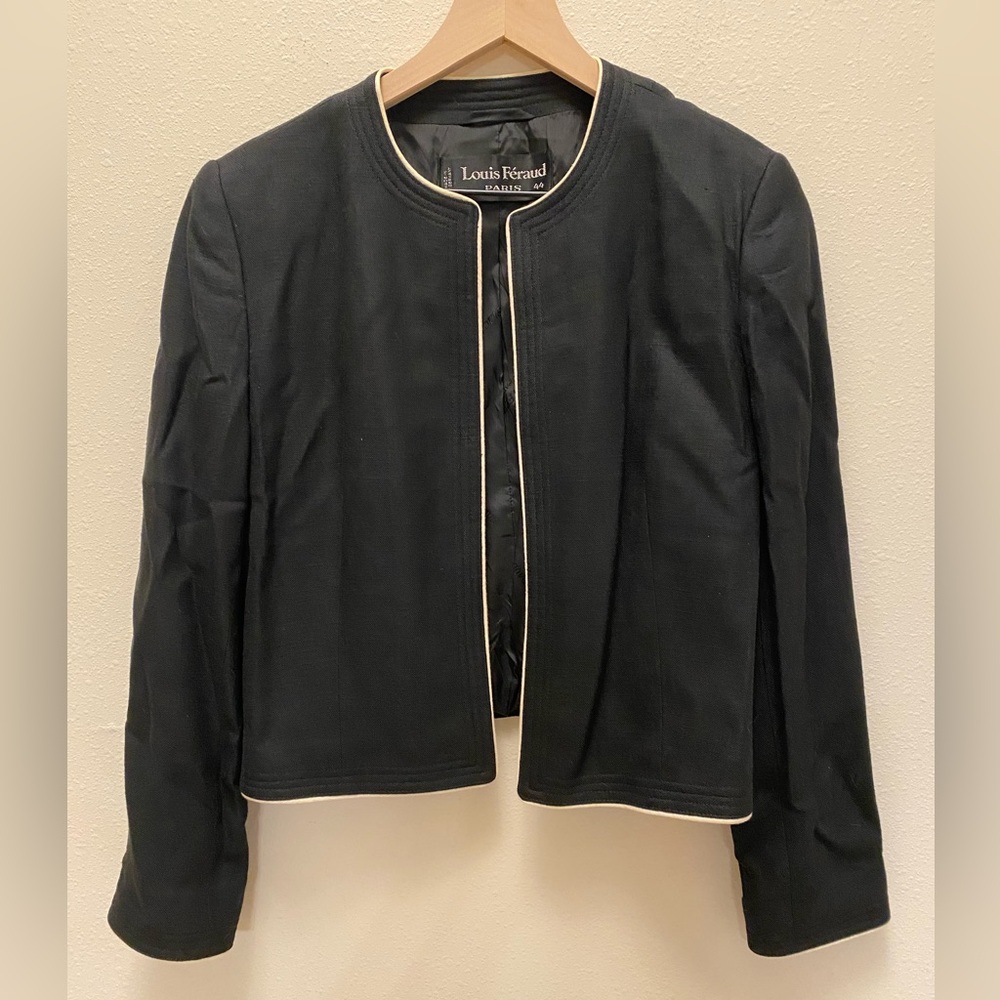 Vintage Women Louis Feraud Paris Jacket Cropped Black White Trim Open Blazer 44